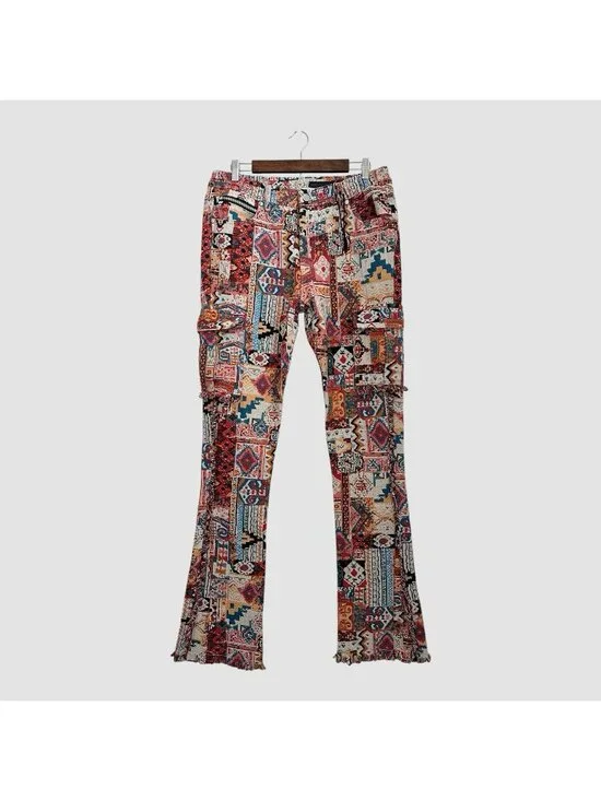 Rockstar Original Men’s Size 32 Boho Patchwork Pants Flare Leg Orange Tribal - Picture 1 of 11